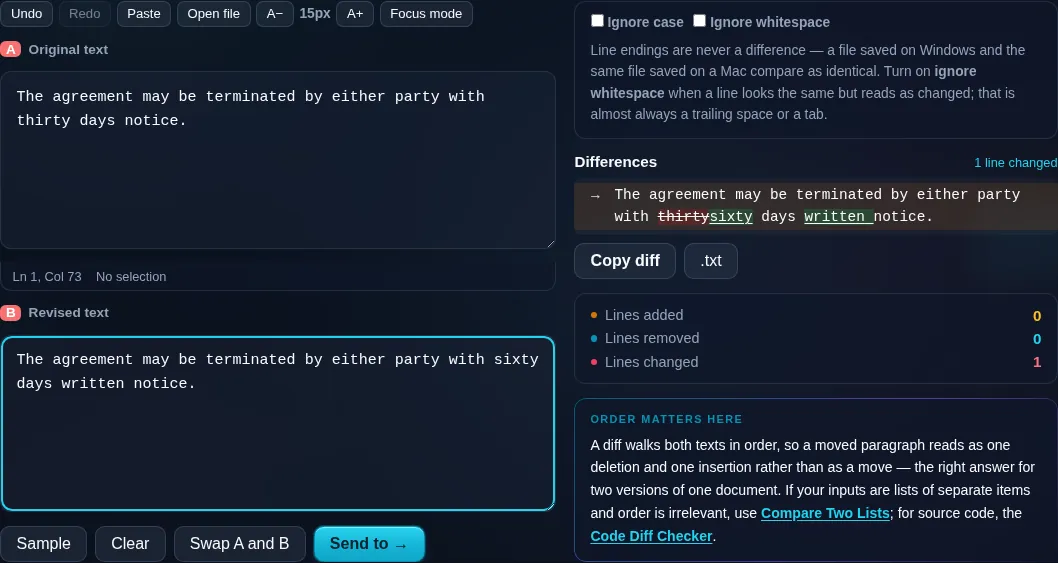 Two texts compared with added and removed words highlighted.