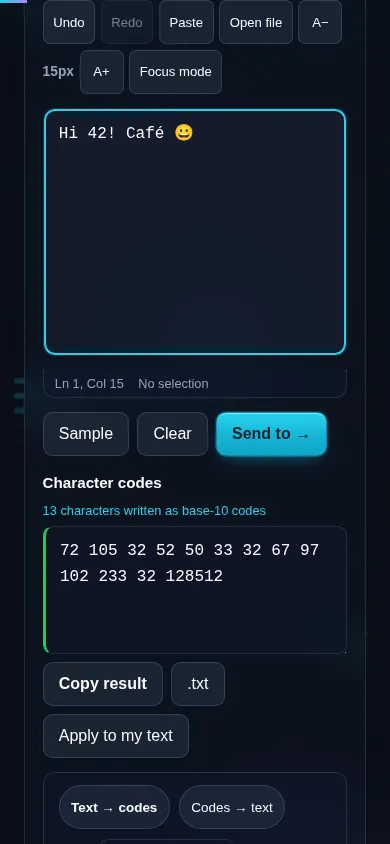 Converting text to ASCII codes on a phone, no app installed.