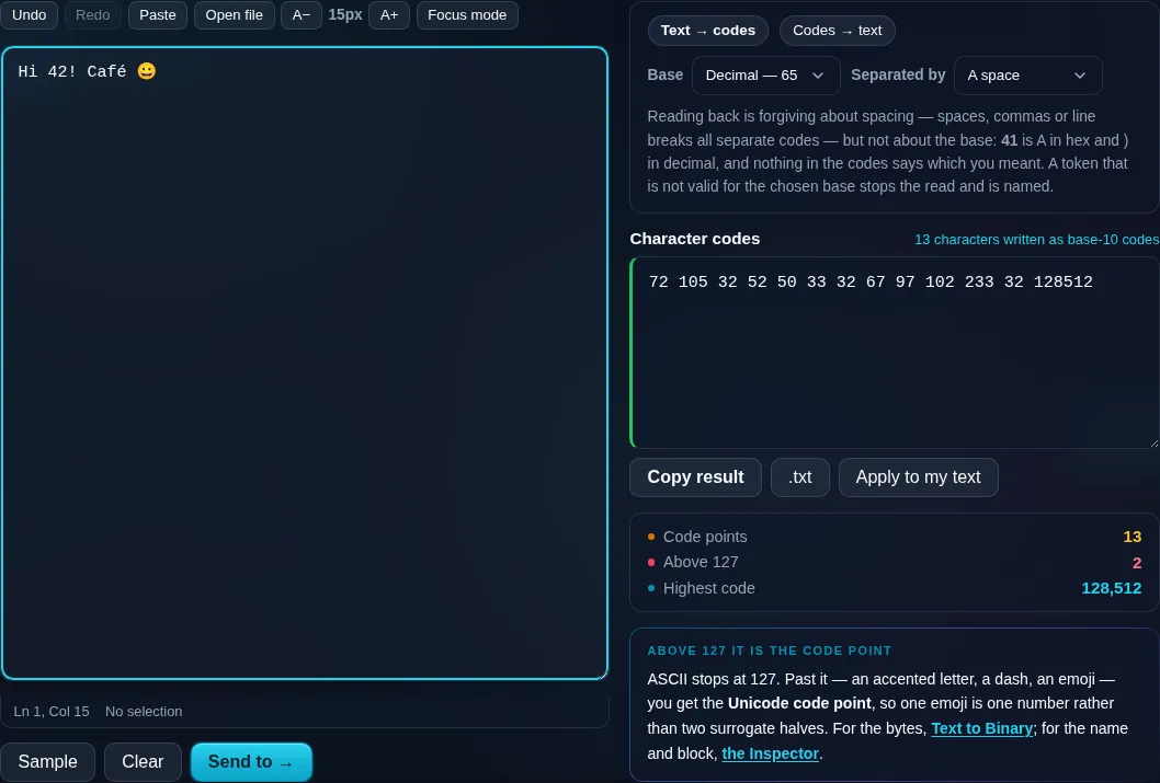 Text to ASCII Codes converting text to codes in the browser.