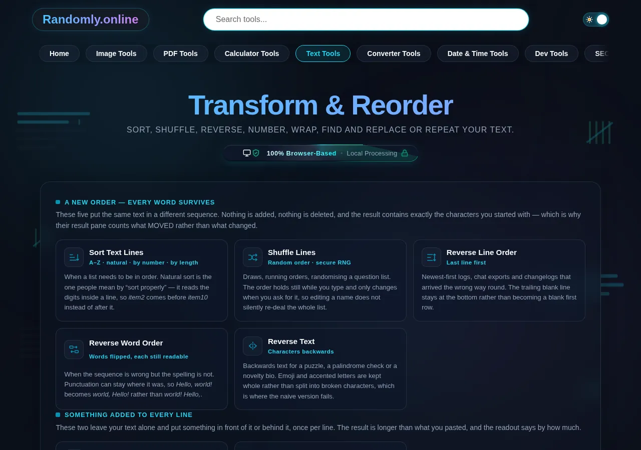 The Transform & Reorder cluster grid, nine text tools grouped by whether they reorder, add to each line or rewrite the text, dark mode