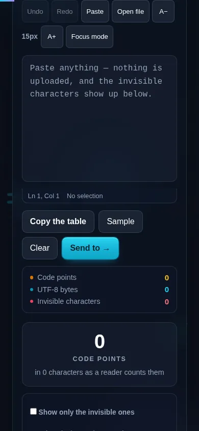 Inspecting Unicode characters on a phone, no app installed.