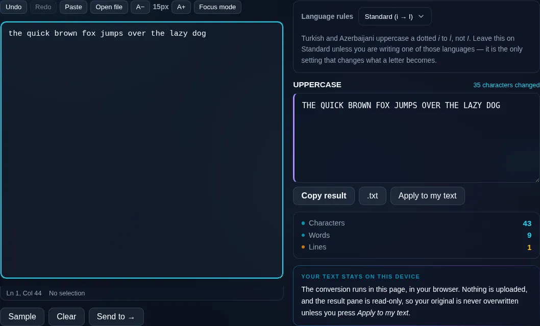 Uppercase Converter turning text into capitals in the browser.