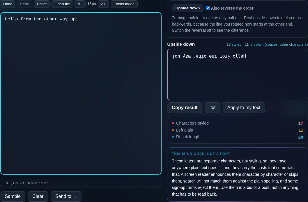 Upside-Down Text Generator flipping text in the browser.