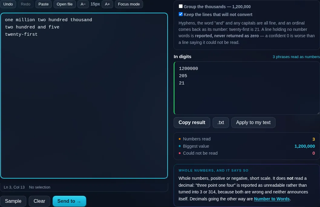 Words to Numbers Converter turning words into digits in the browser.