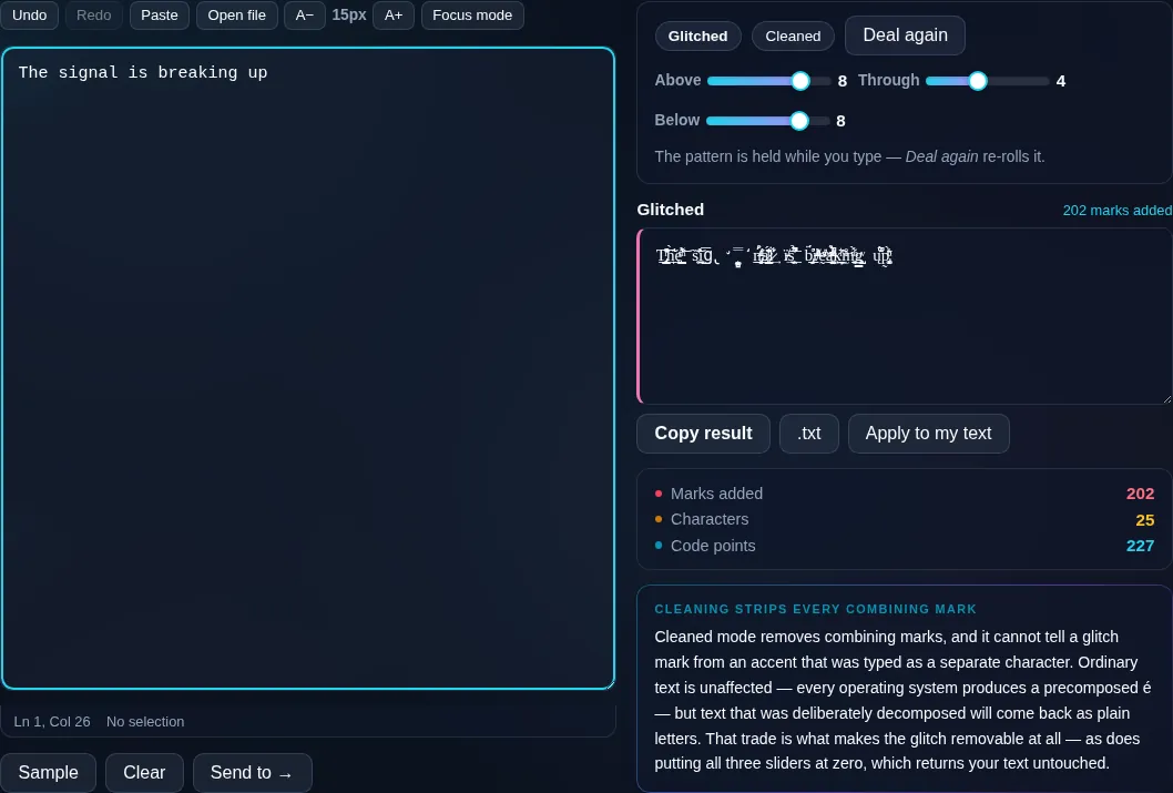 Text shown with adjustable zalgo glitch intensity.