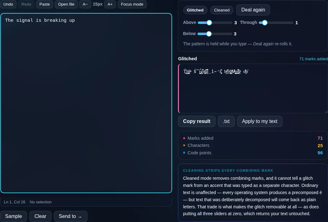 Zalgo Text Generator making glitch text in the browser.